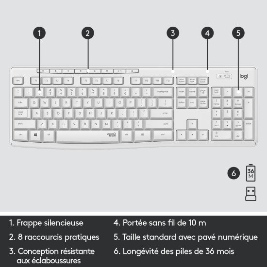 Logitech MK295 Silent Wireless Combo clavier Souris incluse RF sans fil AZERTY Français Blanc