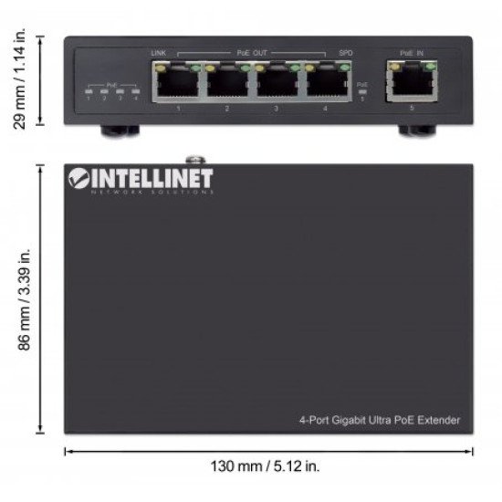 Intellinet Prolongateur Ultra PoE Gigabit 4 ports, extension PoE jusqu'à 100 m, budget PoE 90 W, 4 ports PSE jusqu'à 30 W, compatible IEEE 802.3bt/at/af, boîtier métal, Alimentation par Ethernet, Power Over Ethernet, garantie de 3 ans