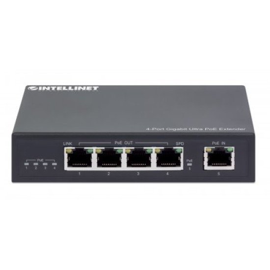 Intellinet Prolongateur Ultra PoE Gigabit 4 ports, extension PoE jusqu'à 100 m, budget PoE 90 W, 4 ports PSE jusqu'à 30 W, compatible IEEE 802.3bt/at/af, boîtier métal, Alimentation par Ethernet, Power Over Ethernet, garantie de 3 ans