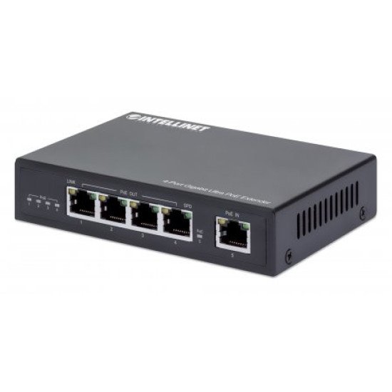Intellinet Prolongateur Ultra PoE Gigabit 4 ports, extension PoE jusqu'à 100 m, budget PoE 90 W, 4 ports PSE jusqu'à 30 W, compatible IEEE 802.3bt/at/af, boîtier métal, Alimentation par Ethernet, Power Over Ethernet, garantie de 3 ans