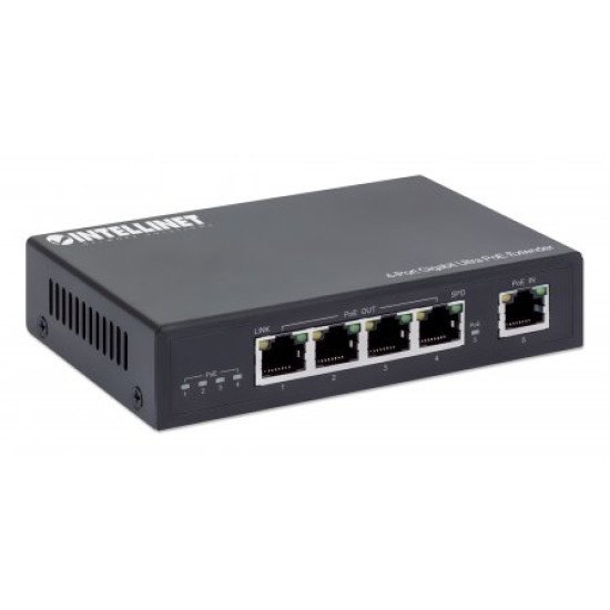 Intellinet Prolongateur Ultra PoE Gigabit 4 ports, extension PoE jusqu'à 100 m, budget PoE 90 W, 4 ports PSE jusqu'à 30 W, compatible IEEE 802.3bt/at/af, boîtier métal, Alimentation par Ethernet, Power Over Ethernet, garantie de 3 ans