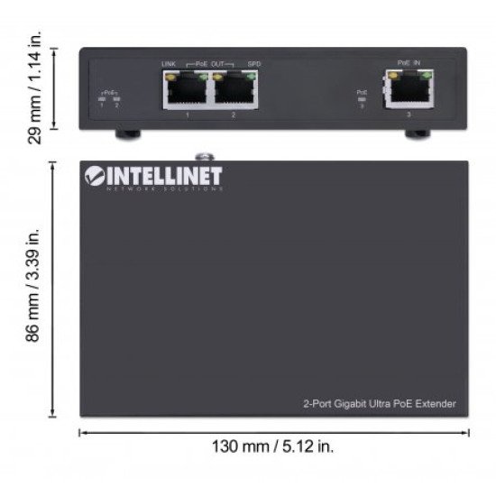Intellinet Prolongateur Ultra PoE Gigabit 2 ports, extension PoE jusqu'à 100 m, budget PoE 60 W, 2 ports PSE de 30 W chacun, compatible IEEE 802.3bt/at/af, boîtier métal, Alimentation par Ethernet, Power Over Ethernet, garantie de 3 ans