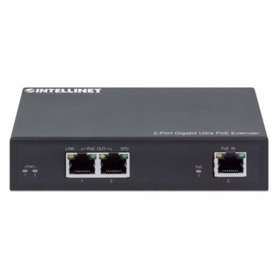 Intellinet Prolongateur Ultra PoE Gigabit 2 ports, extension PoE jusqu'à 100 m, budget PoE 60 W, 2 ports PSE de 30 W chacun, compatible IEEE 802.3bt/at/af, boîtier métal, Alimentation par Ethernet, Power Over Ethernet, garantie de 3 ans