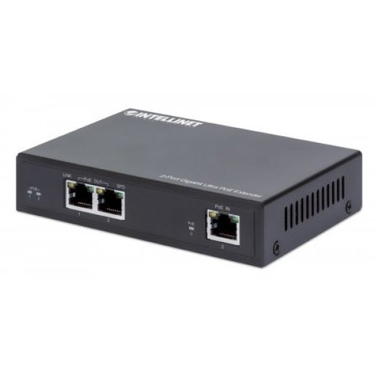 Intellinet Prolongateur Ultra PoE Gigabit 2 ports, extension PoE jusqu'à 100 m, budget PoE 60 W, 2 ports PSE de 30 W chacun, compatible IEEE 802.3bt/at/af, boîtier métal, Alimentation par Ethernet, Power Over Ethernet, garantie de 3 ans