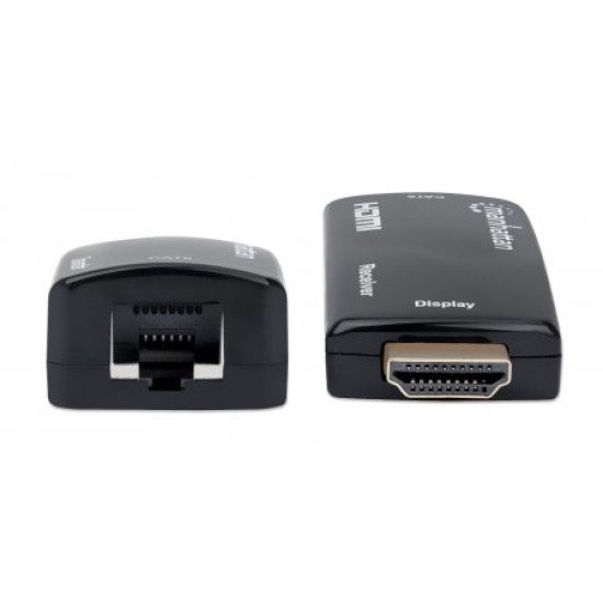 Manhattan Kit d'extension HDMI compact 1080p@60 Hz sur Ethernet, étend le signal jusqu'à 60 m via un seul câble Ethernet Cat6, inclut émetteur et récepteur, alimentation par câble, design ultra-fin, noir, garantie de 3 ans