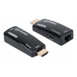 Manhattan Kit d'extension HDMI compact 1080p@60 Hz sur Ethernet, étend le signal jusqu'à 60 m via un seul câble Ethernet Cat6, inclut émetteur et récepteur, alimentation par câble, design ultra-fin, noir, garantie de 3 ans