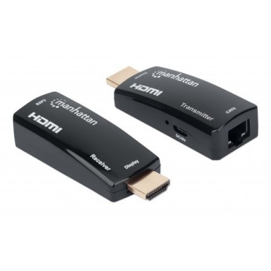 Manhattan Kit d'extension HDMI compact 1080p@60 Hz sur Ethernet, étend le signal jusqu'à 60 m via un seul câble Ethernet Cat6, inclut émetteur et récepteur, alimentation par câble, design ultra-fin, noir, garantie de 3 ans