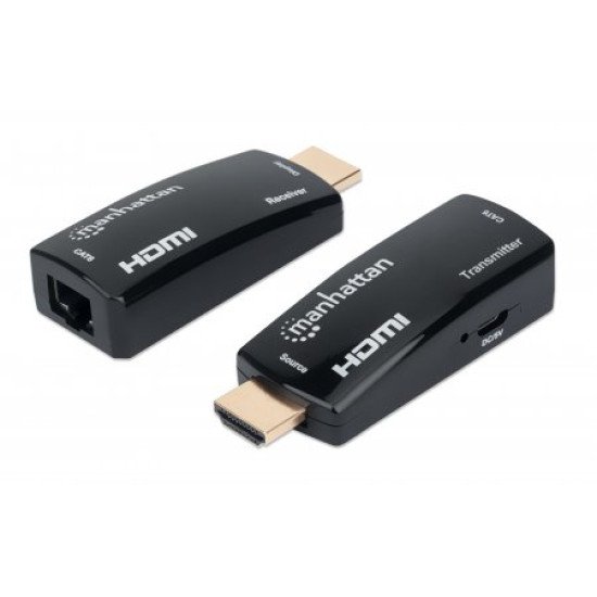 Manhattan Kit d'extension HDMI compact 1080p@60 Hz sur Ethernet, étend le signal jusqu'à 60 m via un seul câble Ethernet Cat6, inclut émetteur et récepteur, alimentation par câble, design ultra-fin, noir, garantie de 3 ans