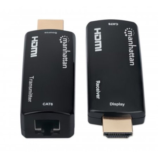 Manhattan Kit d'extension HDMI compact 1080p@60 Hz sur Ethernet, étend le signal jusqu'à 60 m via un seul câble Ethernet Cat6, inclut émetteur et récepteur, alimentation par câble, design ultra-fin, noir, garantie de 3 ans
