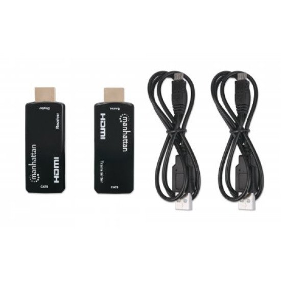 Manhattan Kit d'extension HDMI compact 1080p@60 Hz sur Ethernet, étend le signal jusqu'à 60 m via un seul câble Ethernet Cat6, inclut émetteur et récepteur, alimentation par câble, design ultra-fin, noir, garantie de 3 ans