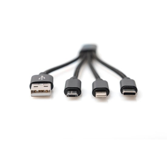 Digitus Câble de charge 3 en 1, USB A - Lightning + Micro USB + USB-C