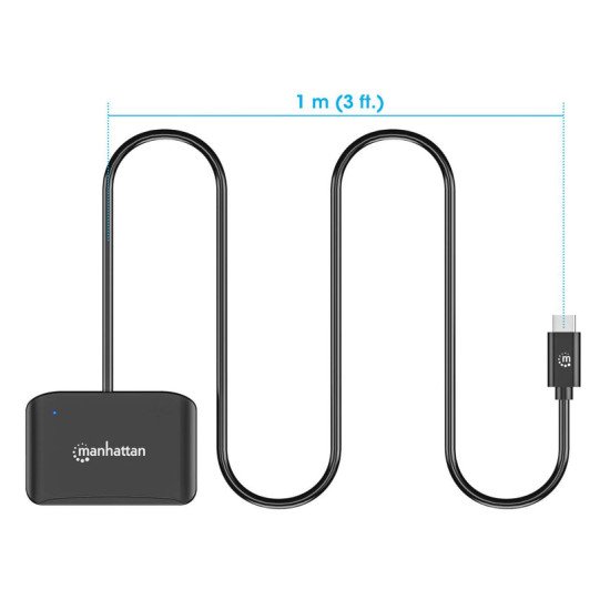 Manhattan Lecteur de cartes à puce à contact USB-C, avec emplacement microSD, connecteur USB-C mâle, compatible avec Windows, macOS et Linux, lit les cartes SIM avec adaptateur, câble de 1 m, noir, garantie de 3 ans