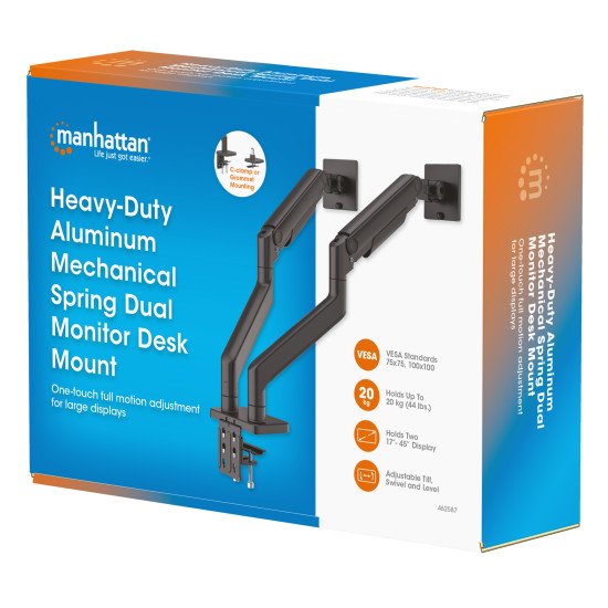 Manhattan Support de bureau double pour TV/moniteurs (bras à ressort à Bras articulé), écrans 13" à 45", fixation à l'arrière par pince ou passe-câble, Compatibilité VESA : 75x75 et 100x100 mm (vérifiez les dimensions des quatre trous de fixatio
