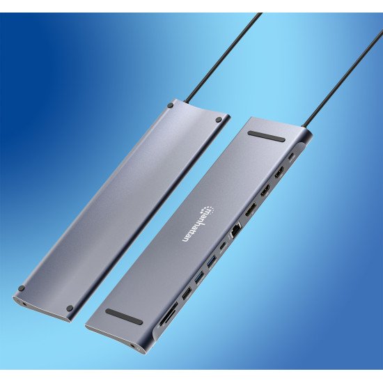 Manhattan Dock/hub USB-C avec lecteur de cartes: audio 3,5 mm, DisplayPort, Ethernet, 2x HDMI, 3x USB-A + 2x USB-C,avec PD 100W - nécessite un chargeur USB-C externe (non inclus).Alimenté par USB (aucune alimentation externe requise) lorsque le PD n'est p