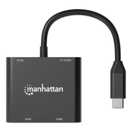 Manhattan Adaptateur USB-C vers double HDMI + USB-A, double 4K@30Hz ou 4K@60Hz (un écran), PD 100 W, 480 Mbit/s (USB 2.0), câble 15 cm, noir, garantie 3 ans