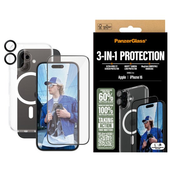PanzerGlass ® 3-in-1 Protection Bundle iPhone 16 Protection d'écran transparent Apple 1 pièce(s) PanzerGlass ® 3-in-1 Protection Bundle iPhone 16 Protection d'écran transparent Apple 1 pièce(s)