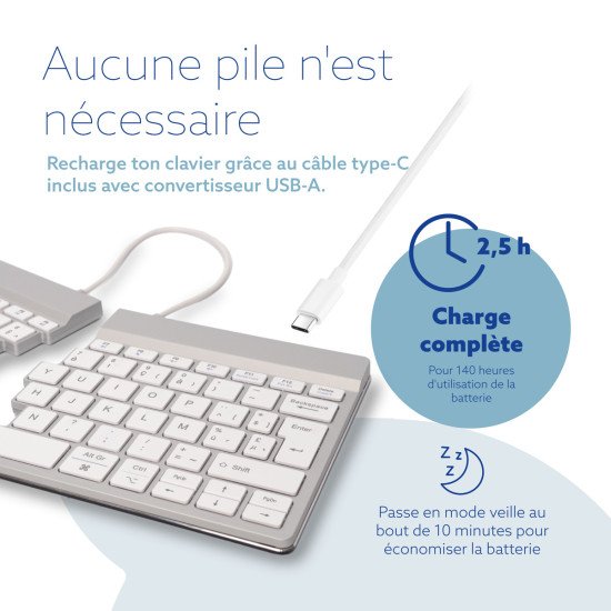 R-Go Tools Clavier ergonomique R-Go Split Break avec logiciel de pause, clavier ergonomique divisé, AZERTY (BE), bluetooth, blanc