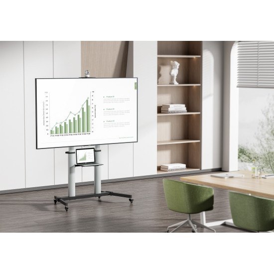 Manhattan Support sur roulettes pour TV/moniteurs, écrans 37" à 100", Compatibilité VESA : de 200x200 à 1000x600 mm (vérifiez les dimensions des quatre trous de fixation à l'arrière), charge max. 80 kg, hauteur réglable 1200–1600 mm