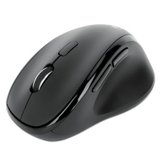 Manhattan Souris ergonomique sans fil (droitière), DPI réglable 800/1200/1600, 2,4 GHz (jusqu'à 10 m), 6 boutons avec molette, récepteur USB-A et USB-C combiné, noire, pile AA incluse, garantie 3 ans