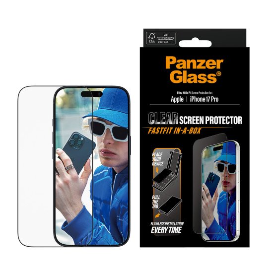 PanzerGlass ® Screen Protector w. Black Frame iPhone 17 Pro | Ultra-Wide Fit w. FASTFIT IN-A-BOX Protection d'écran transparent Apple 1 pièce(s)