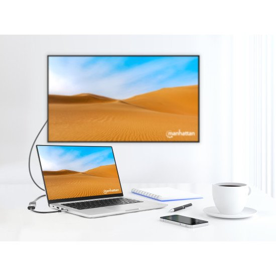 Manhattan Câble USB-C vers HDMI, 4K@60Hz + USB 5 Gbit/s (USB 3.2 Gen 1 / USB 3.0), 11 cm, mâle à mâle, noir/argent, garantie 3 ans