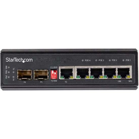 StarTech.com Switch Gigabit Ethernet Industriel 6 Ports - 4 x PoE RJ45 + 2 Slots SFP 30W PoE+ 12-48VDC 10/100/1000 - Switch LAN Power Over Ethernet Robuste -40C à 75C - Montage DIN