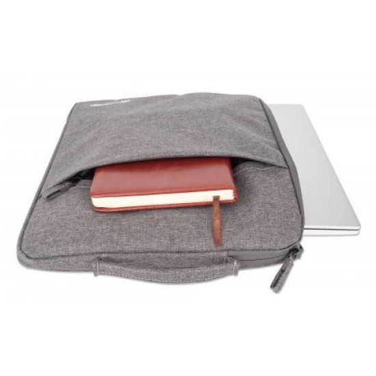 Manhattan Housse Seattle pour ordinateur portable 15,6", grise, rembourrée, intérieur ultra doux, compartiment principal à double zip, poche avant zippée, boucle de transport, résistante à l'eau, garantie 3 ans