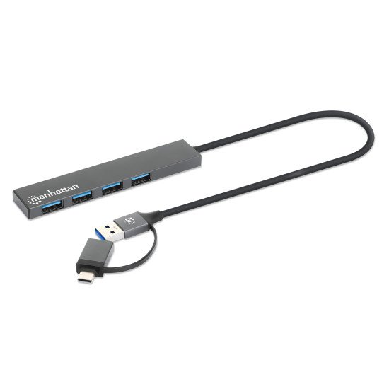 Manhattan Dock/hub combo USB-C & USB-A, 4 ports : 4x USB-A, 5 Gbit/s (USB 3.0), Alimenté par USB (aucune alimentation externe requise), câble 25 cm