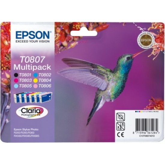 Epson T0807 Pack de 6 cartouches Noir, Cyan, Magenta, Jaune, Cyan clair, Magenta clair