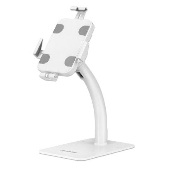 Manhattan Support antivol de bureau pour tablette/iPad, universel, rotation 360°, inclinaison +20° à -110°, verrouillable, blanc, tablettes 7,9"–11"
