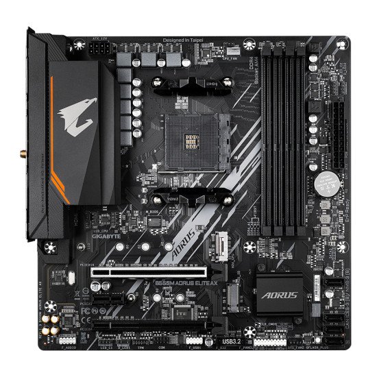 GIGABYTE B550M AORUS ELITE AX Carte mère - Processeurs AMD Ryzen 5000, VRM 5+3 phases, jusqu'à 4733 MHz DDR4, 1xPCIe 4.0 + 1xPCIe 3.0 M.2, Wi-Fi 6E, LAN 1GbE, USB 3.2 Gen 1 GIGABYTE B550M AORUS ELITE AX Carte mère - Processeurs AMD Ryzen 5000, VRM 5+3 phases, jusqu'à 4733 MHz DDR4, 1xPCIe 4.0 + 1xPCIe 3.0 M.2, Wi-Fi 6E, LAN 1GbE, USB 3.2 Gen 1