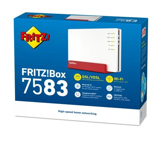 FRITZ!Box FRITZ! BOX 7583 VDSL routeur sans fil Gigabit Ethernet Bi-bande (2,4 GHz / 5 GHz) 4G Rouge, Blanc FRITZ!Box FRITZ! BOX 7583 VDSL routeur sans fil Gigabit Ethernet Bi-bande (2,4 GHz / 5 GHz) 4G Rouge, Blanc