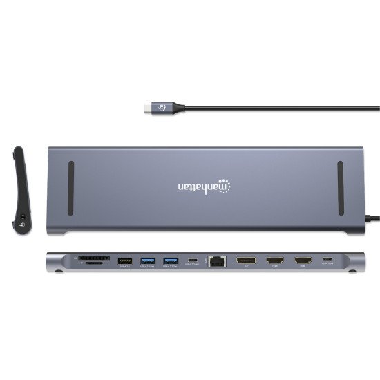 Manhattan Dock/hub USB-C avec lecteur de cartes: audio 3,5 mm, DisplayPort, Ethernet, 2x HDMI, 3x USB-A + 2x USB-C,avec PD 100W - nécessite un chargeur USB-C externe (non inclus).Alimenté par USB (aucune alimentation externe requise) lorsque le PD n'est p