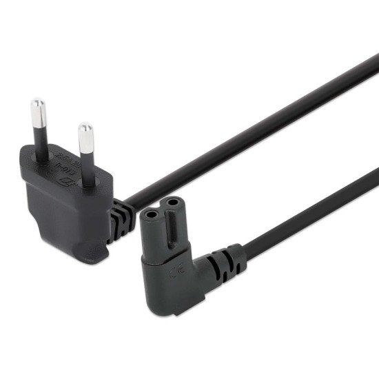 Manhattan Câble d'alimentation en angle, prise européenne 2 broches (CEE 7/16 Europlug) vers connecteur C7 femelle (figure en huit), 2 m, 2,5 A, noir, câble secteur, garantie à vie