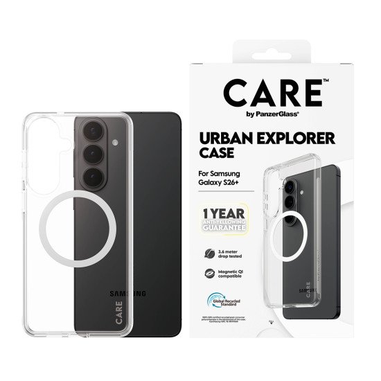 PanzerGlass CARE™ by ® Urban Explorer Case Transparent w. White Qi Samsung Galaxy S26+ coque de protection pour téléphones portables Housse