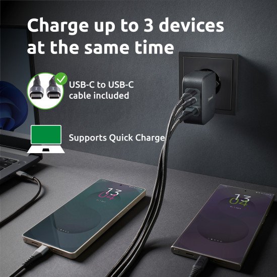 Intenso W100ACC+C520C, Ensemble adaptateur secteur + câble de charge, 100 W, charge rapide, technologie GaN, charge simultanée de 3 appareils, noir