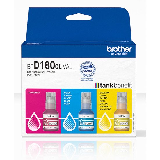 Brother BTD180CLVAL Bouteilles d'encre couleur multipack | 3 couleurs Brother BTD180CLVAL Bouteilles d'encre couleur multipack | 3 couleurs
