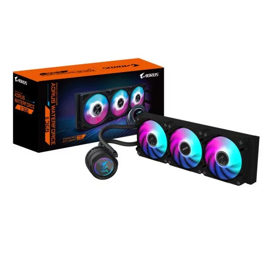 GIGABYTE AORUS WATERFORCE II 360 AIO Refroidisseur liquide pour processeur - 3x ventilateurs ARGB de 120 mm, mécanisme d'emboîtement, DAISY-CHAIN, compatible avec Intel LGA 1851 et AMD AM5 GIGABYTE AORUS WATERFORCE II 360 AIO Refroidisseur liquide pour processeur - 3x ventilateurs ARGB de 120 mm, mécanisme d'emboîtement, DAISY-CHAIN, compatible avec Intel LGA 1851 et AMD AM5