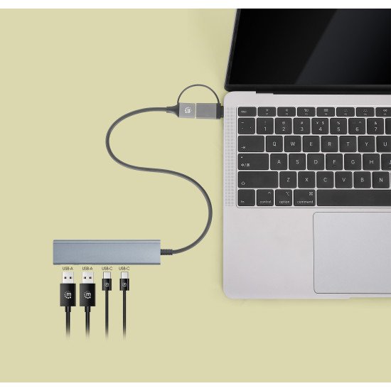 Manhattan Dock/hub combo USB-C & USB-A, 4 ports : 2x USB-A + 2x USB-C, 5 Gbit/s (USB 3.0), Alimenté par USB (aucune alimentation externe requise), aluminium