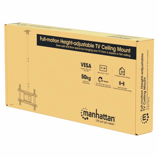Manhattan Support plafond pour TV/moniteurs, pour écrans de 37" à 65", hauteur réglable 70–157 cm, Compatibilité VESA : de 200x200 à 600x400 mm (vérifiez les dimensions des quatre trous de fixation à l'arrière), charge max. 50 kg
