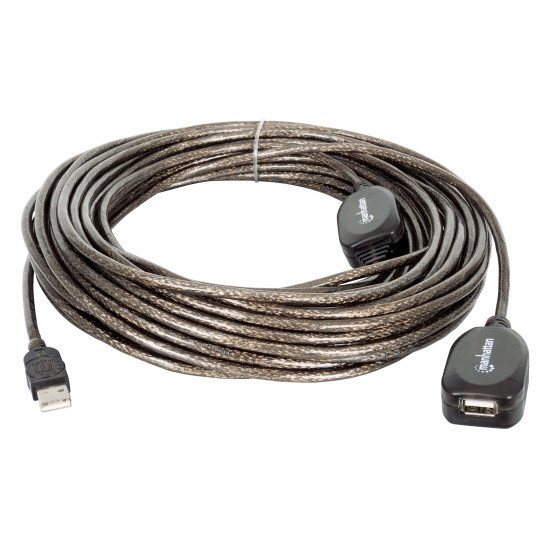 Manhattan Rallonge USB-A active, 20 m, mâle vers femelle, 480 Mbit/s (USB 2.0), chaînable, répéteur intégré, noir, garantie 3 ans, équivalent à USB2AAEXT20M