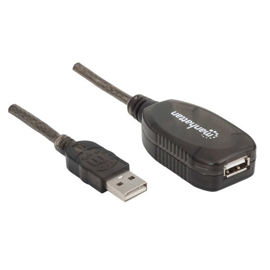 Manhattan Rallonge USB-A active, 20 m, mâle vers femelle, 480 Mbit/s (USB 2.0), chaînable, répéteur intégré, noir, garantie 3 ans, équivalent à USB2AAEXT20M