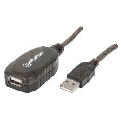 Manhattan Rallonge USB-A active, 20 m, mâle vers femelle, 480 Mbit/s (USB 2.0), chaînable, répéteur intégré, noir, garantie 3 ans, équivalent à USB2AAEXT20M