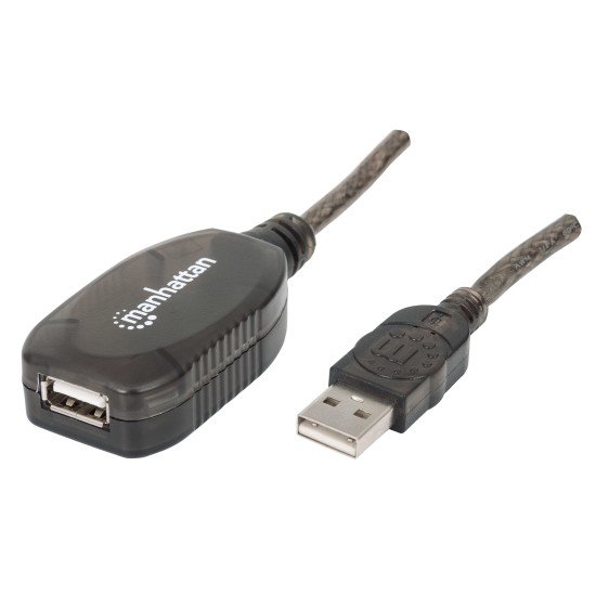 Manhattan Rallonge USB-A active, 20 m, mâle vers femelle, 480 Mbit/s (USB 2.0), chaînable, répéteur intégré, noir, garantie 3 ans, équivalent à USB2AAEXT20M