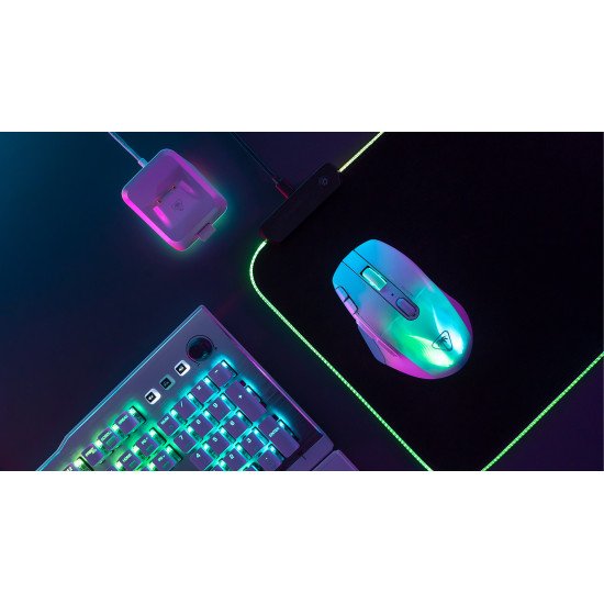 Turtle Beach Kone XP Air - Souris gaming RGB ergonomique, personnalisable et sans fil, Bluetooth, capteur optique 19 000 DPI, autonomie de batterie de 100 heures, station de charge, 29 entrées programmables, éclairage AIMO RGB, molette 4D Blanc