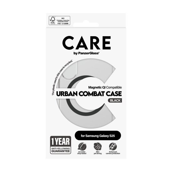PanzerGlass CARE™ by ® Urban Combat Case Transparent w. Black Qi Compatible Samsung Galaxy S25 coque de protection pour téléphones portables Housse