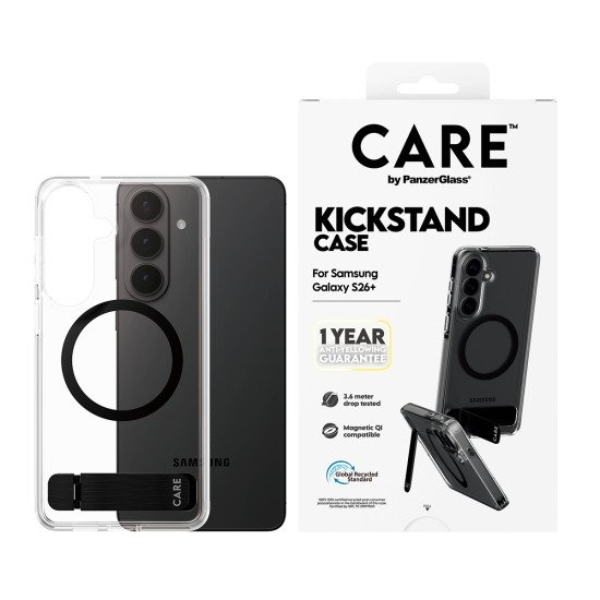PanzerGlass CARE™ by ® Case Transparent w. Black Kickstand & Qi Samsung Galaxy S26+ coque de protection pour téléphones portables Housse