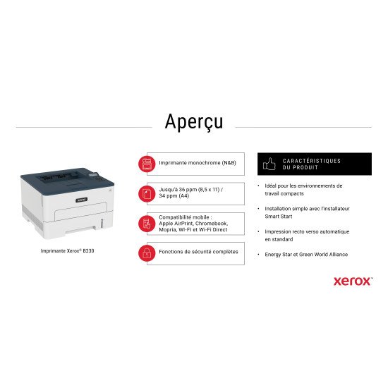 Xerox B230 Imprimante recto verso sans fil A4 34 ppm, PCL5e/6, 2 magasins Total 251 feuilles