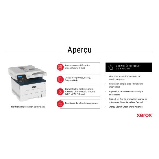 Xerox B225 copie/impression/numérisation recto verso sans fil A4, 34 ppm, PS3 PCL5e/6, chargeur automatique de documents, 2 magasins, total 251 feuilles