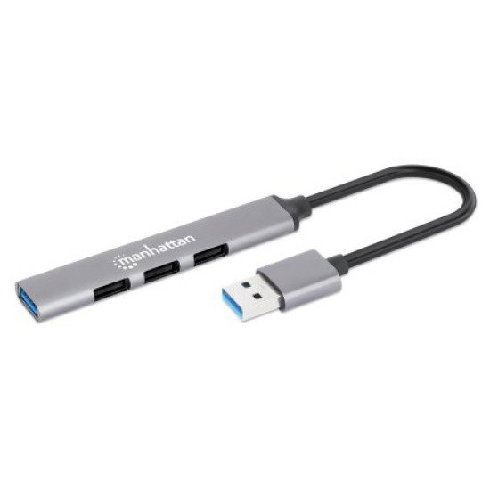 Manhattan Hub USB-A 4 ports, 4x USB-A (1x 5 Gbps USB 3.0 + 3x 480 Mbps USB 2.0), Alimenté par USB (aucune alimentation externe requise), aluminium